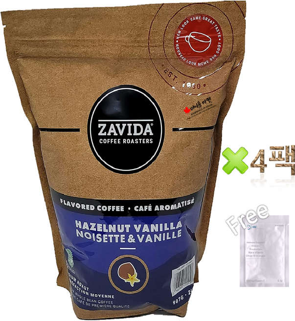 자비다 헤이즐넛 바닐라 원두커피 907g+멀티비타민 1개 캐나다 직배송 Zavida Hazelnut VanillaWhole Bean Coffee, 907g, 4팩