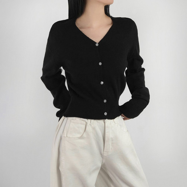 센시즌 코코 잘록 도톰울 브이넥 긴팔 니트 크롭 여성용 가디건