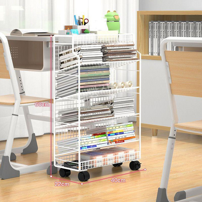 북트롤리 북트레이 책꽂이 선반 사무용 이동식 책장, 화이트 6단 400x220x600