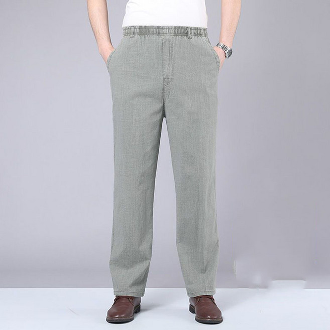 FANSYLI 여름 얇은 린넨 바지 중장년 남성 밴딩 정장 바지 빅사이즈 루즈핏 캐주얼 일자핏 통바지 데일리 X2604A10