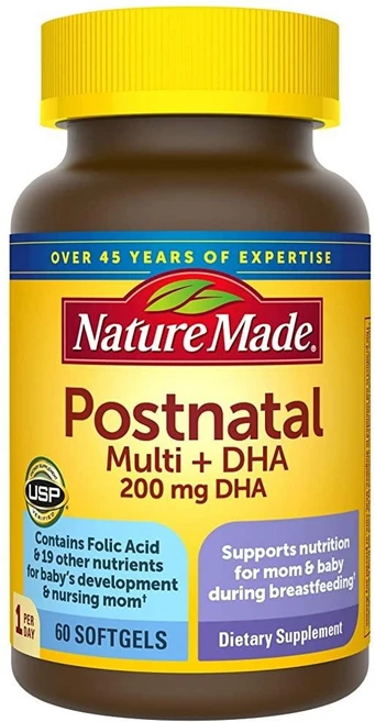 Nature Made Postnatal Multi + DHA 네이처 메이드 포스트네이털 멀티비타민 산후 영양제 60소프트젤, 1개, 60정 - 쿠팡