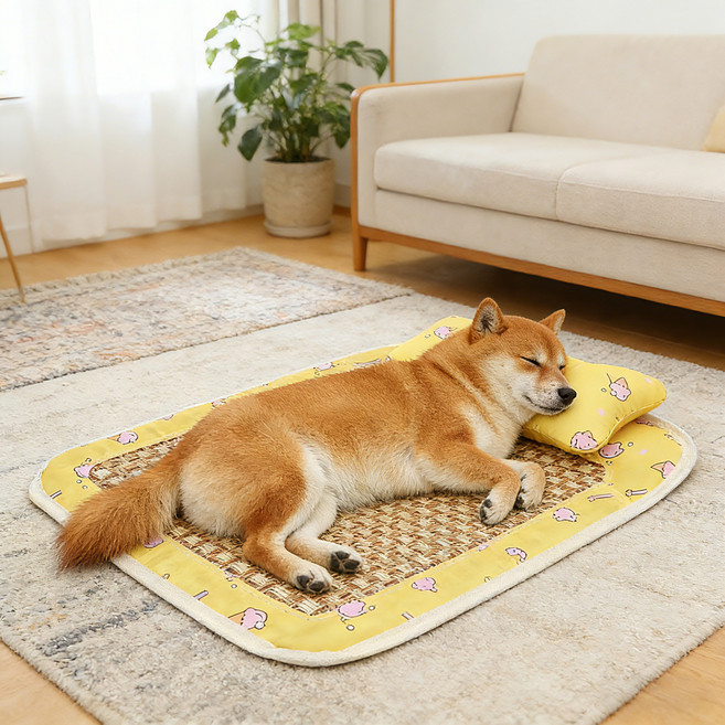 Mosashoe 여름 강아지방석 등나무 애견쿨매트 강아지 고양이 쿨매트 통기성 논슬립, 1개, 옐로우