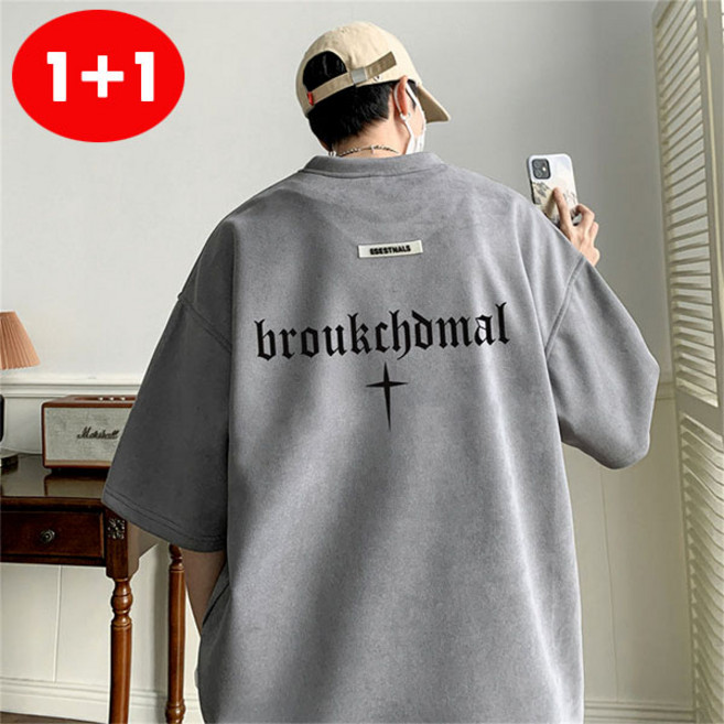 FINE ART 1+1 남자 스웨이드 반팔티 두꺼운 롱티 빅사이즈 라운드티 프린팅 반팔 티셔츠 오버핏 상의 데일리