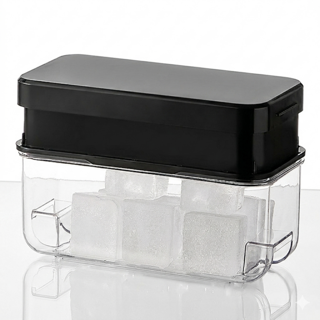 잘빠지는 대형 실리콘 얼음트레이 하이볼 원터치 푸쉬 누르는 큰얼음틀 양주 위스키 온더락 칵테일 왕얼음 아이스 메이커 사각 큐브 얼음 몰드 냉장고 냉동실 보관통 대용량 컨테이너, 블랙, 1개