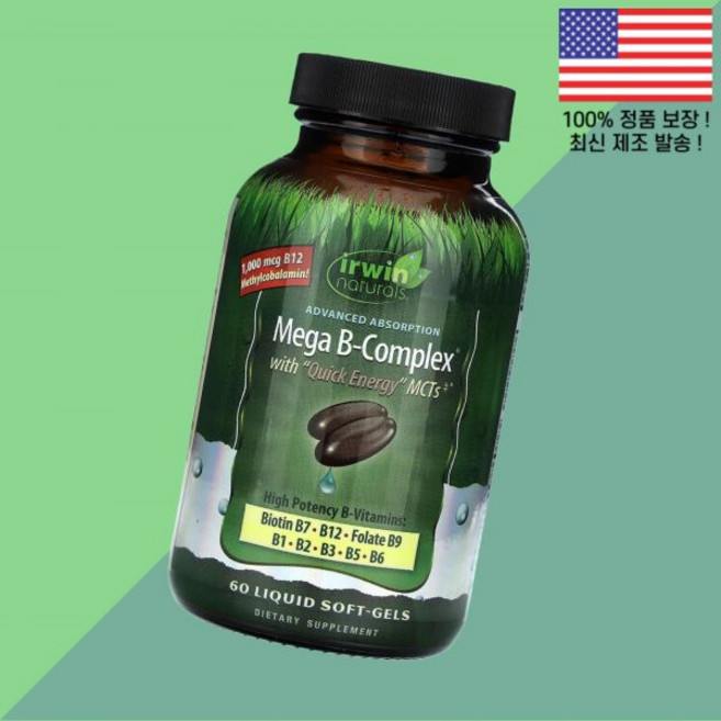 어윈 내추럴스 퀵 에너지 MCT가 메가 B 콤플렉스 액상 리퀴드 소프트젤 캡슐 60정 Irwin Naturals Mega Complex Quick Energy MCT's 60, 1개