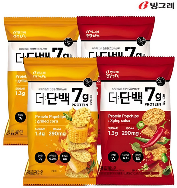 빙그레 더단백 팝칩 2종(군옥수수2봉 +매콤살사2봉) 총4입 고단백 건강과자, 1개