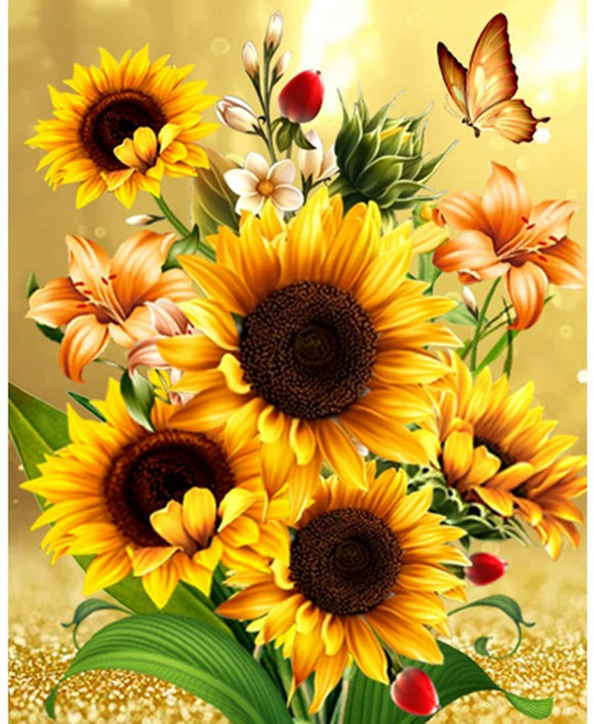 듀얼라이프 황금 해바라기와 나비 - 캔버스형 40x50 보석십자수, 큐빅, 1개