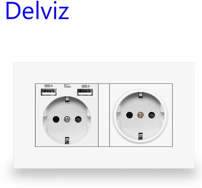 Delviz EU 표준 USB 소켓 이중 콘센트 16A 품질 전원 패널 AC 110250V 146mm * 86mm 이중 프레임 벽 USB 전원 콘센트, 02 White (2 USB), 1개