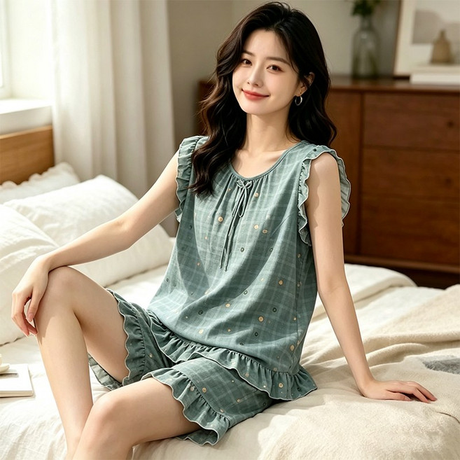 얼음여우 여성 봄 여름 반팔 잠옷 세트 수면 파자마 홈웨어 반바지 나시티 체크