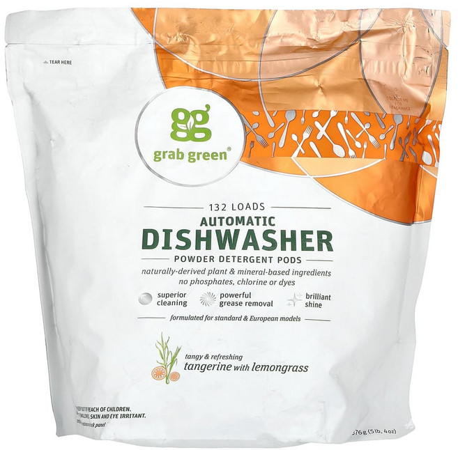 그랩그린 자동 식기세척기 세제 레몬글라스 함유 탄제린 132 개 5파운드 4 온스 (2376g), 1개