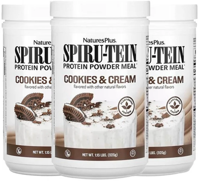 NaturesPlus 스피어루 테인 프로우틴 파우더 밀 쿠키 앤 크림 맛 Spiru-Tein Protein Powder Meal, 525g, 3개 - 쿠팡