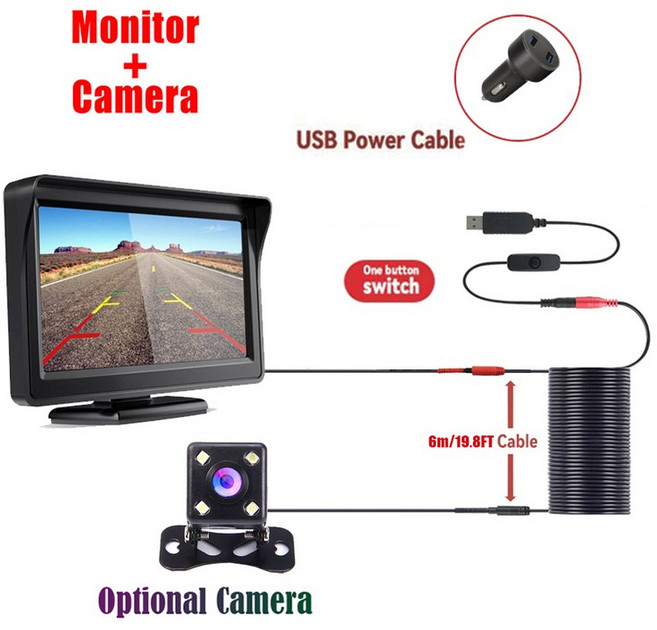 USB 자동차 후면보기 카메라 (모니터 포함) 차량 용 4.3 인치 LED HD 반전 화면 쉬운, 01 4LED, 01 12V