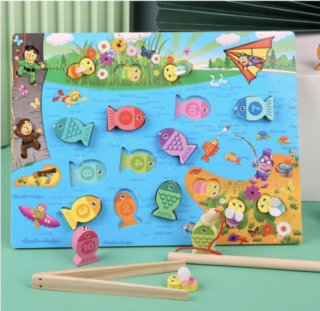 자석 낚시 학습 원목 장난감 어린이 교육 놀이 1개 대형 낚시 게임, 숫자