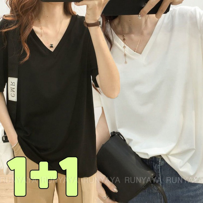 1+1 브이넥 루즈핏 반팔티 빅사이즈 면티 캐주얼 오버핏 이너티 여성 티셔츠 상의 기본티 티셔츠 D88U