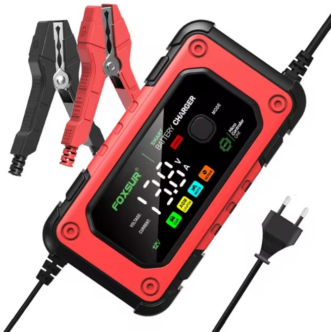밸류킹 FOXSUR 퍽셔 오토바이 자동차 배터리충전기 대형 컬러 LCD 2024년형 최신 12V7A, 1개, 빨강(Red)
