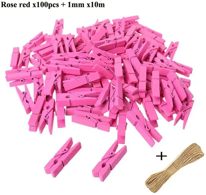 쿠쿠스토어 천연 나무 컬러 사진 미니 클립 메모지 말뚝 빨랫줄 DIY 문구 크리스마스 웨딩 파티 홈 장식 25, 15 rose red x100pcs