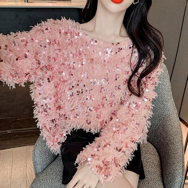 여성 가을 겨울 라운드넥 스팽글 깃털 루즈핏 긴팔 스웨터 티셔츠 앙고라 니트