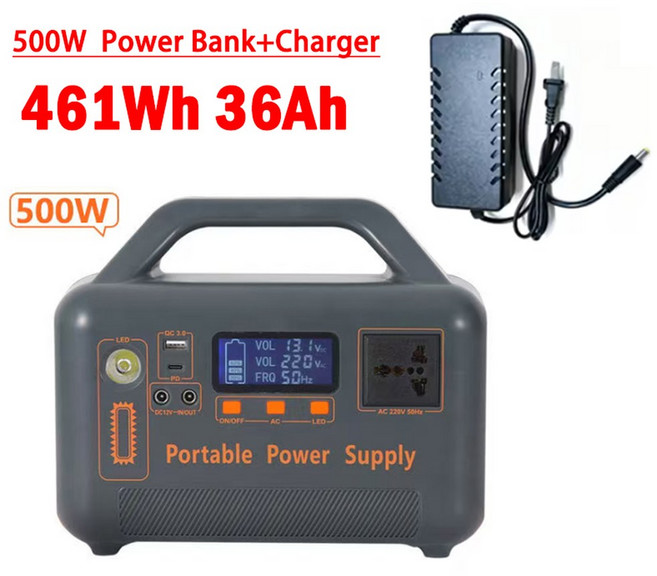 500W 220V 휴대용 비상 LIFEPO4 36AH 대용량 461WH 파워뱅크 RV 태양광 캠핑 에너지용 파워스테이션 발전기, 300W 500W, 220V용, 500W with Charger
