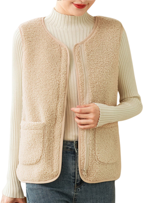 Makone 여성 가을 겨울 노카라 캐주얼 집업 플리스 조끼