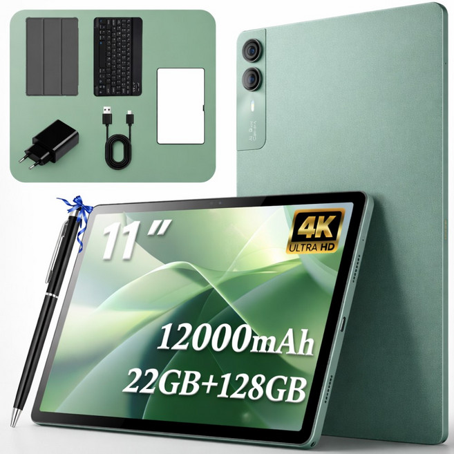 11인치 OLED 가성비 태블릿 PC 안드로이드14 키보드 패키지 터치펜/케이스/보호필름 포함, Wi-Fi+Cellular, 128GB, 오로라 그린