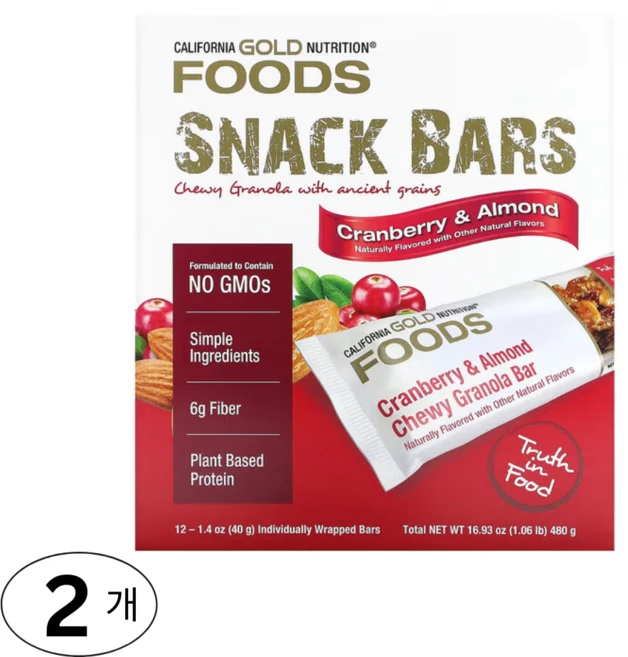 California Gold Nutrition 맛있는 건강 스낵 크랜베리 ​​아몬드 츄이 그래놀라 바 12개입 480g 1개, 2개 - 쿠팡