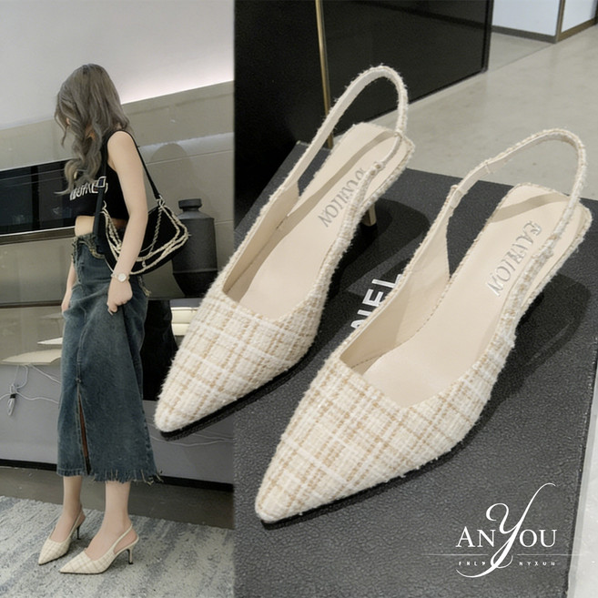 ANYOU 여성 트위드 오피스 하이힐 여름 여성 샌들 뾰족코 통근 펌프스 6.5cm