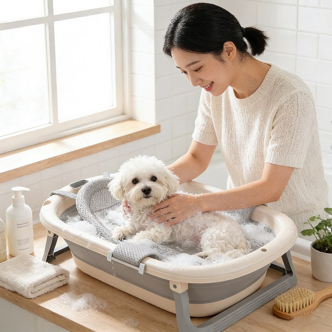 강아지 접이식 욕조 [미끄럼방지 이중 지지대] 슬개골 안심 펫스파 고양이 애견 목욕통, 회색, 1개