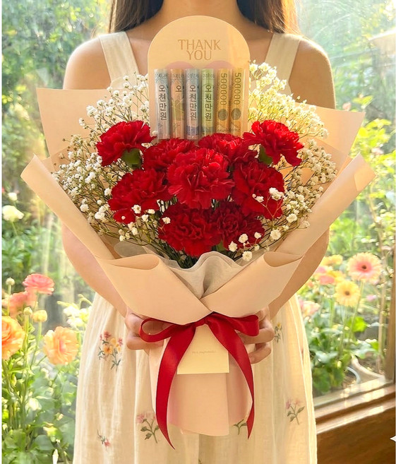 주말배송 신선보장 카네이션 생화 LED 안개꽃다발 +용돈클립 아르띠콜로, 레드 꽃송이수, 10개