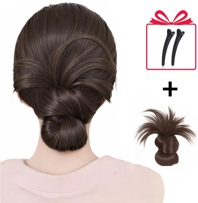 VELNIO 집게형 가시번 로우번 똥머리 가발 풍성한 자연볼륨 업스타일 헤어피스, 1개, 라이트브라운