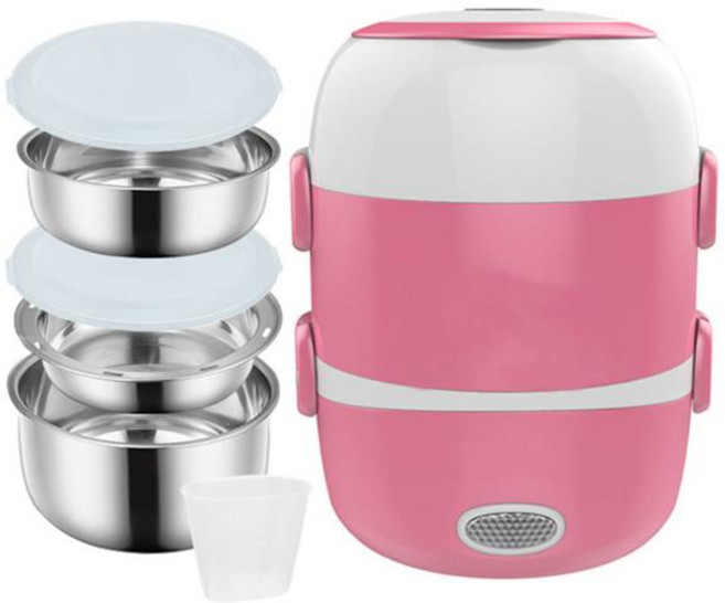 미니 밥솥 전기 도시락 휴대용 푸드 워머 가정 사무실 학교용 스테인레스 스틸 용기 1/2/3 레이어 220V, 02 분홍색_03 1_01 3