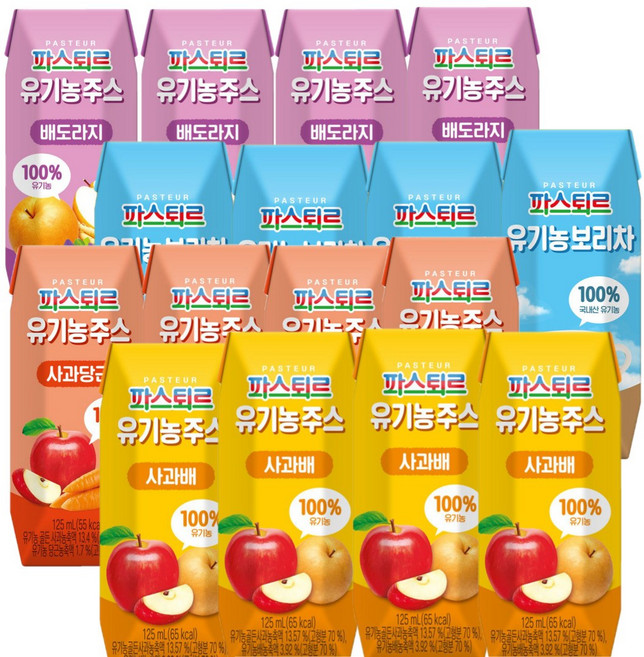 파스퇴르 유기농주스 125ml 4가지맛(배도라지4+사과당근4+사과배4+보리차4) 총16입, 16개