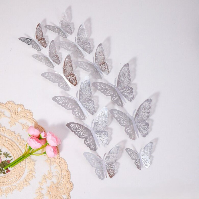 BenF Home 입체 나비 스티커 3D 장식 모형 데코 칼라 벽 장식 인테리어 다꾸 반짝반짝 패턴 빈티지 파티 쇼, 실버