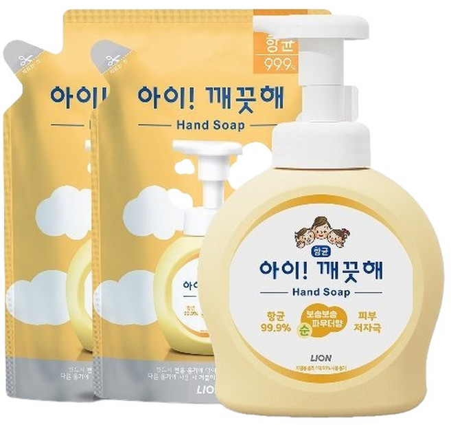 라이온 아이깨끗해 핸드워시 용기 490ml 1개+리필 450ml 2개 (순/레몬/청포도 택1), 순, 3개