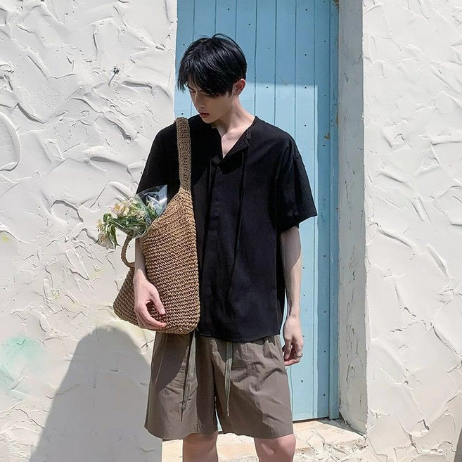 新中式國風無領高級感棉麻純色短袖襯衫男女夏季休閒寬鬆半袖襯衣