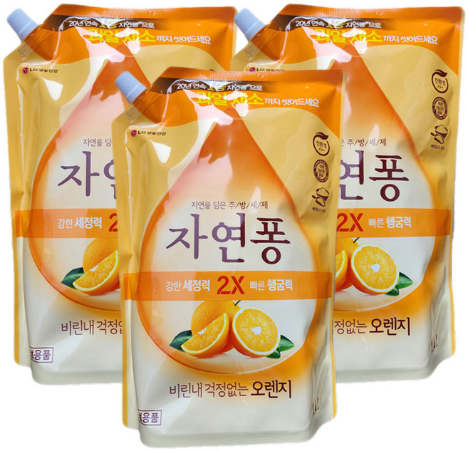 엘지생활건강 자연퐁 비린내 걱정없는 오렌지 주방세제 리필, 3개, 1.4L