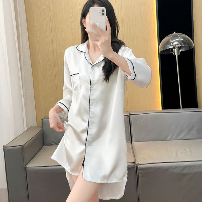 여성용 샤무즈 실크 원피스 잠옷