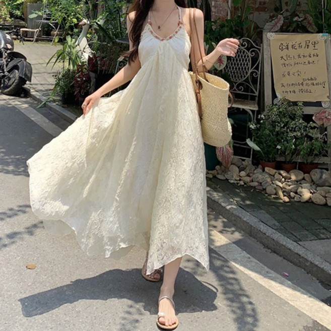 당일배송 비즈자수홀터넥등파임리본백리스 플라워링클엠보쉬폰 플레어롱원피스 바캉스휴양지리조트룩