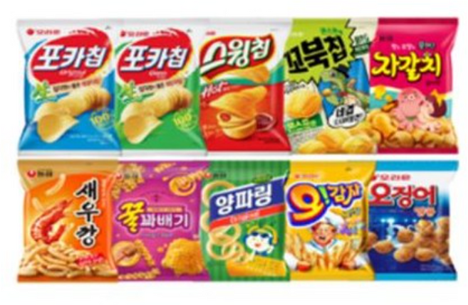 [안녕골목마켓] 과자 10종 세트 포카칩 (오리지널) 포카칩 (어니언) 스윙칩 꼬북칩 (콘스프) 오감자 오징어땅콩 새우깡 꿀꽈배기 자갈치 양파링 세트, 1개, 과자10종선물세트