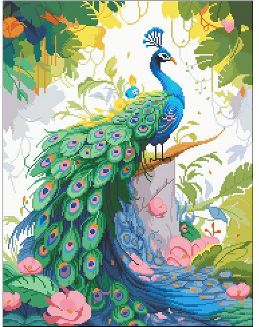 실십자수 도안 세트 DIY 패키지 풀구성, 공작새64x80cm, 1개