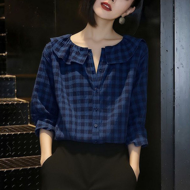 Neirny 빅사이즈 여성 7부소매 셔츠 여름 냉장고 체크 칠부 블라우스 빈티지 시크 패션 기질 고급 루즈핏 하객룩 패션 아우터 상의