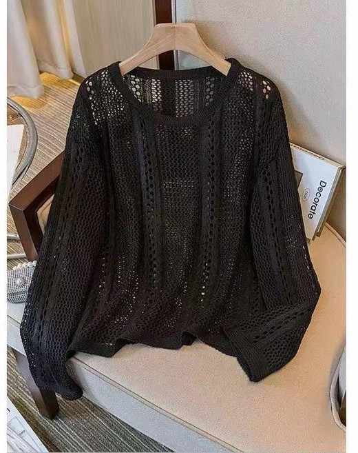 鏤空網紗罩衫 女春季大碼外搭上衣 咖啡色, 黑色,2Xl 65.0-70.0公斤, 黑色