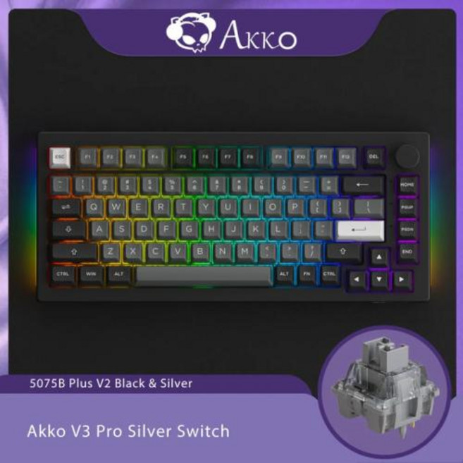 기계식 키보드 스마트폰 블루투스 Akko 블랙 앤 시안 75 핫 스왑 가능 멀티 모드 RGB 기계식 게이밍 키보드 무선 USB C타입 블루투스 50 24GHz 5075B 플러스, 1) V3 pro Silver, 없음, 없음