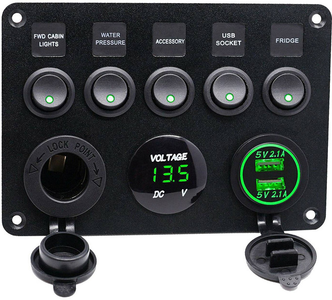 5 명 12V / 24V 인라인 퓨즈 박스 LED 스위치 패널 듀얼 USB 자동차 보트 트럭 캠퍼, 하나, 보여진 바와 같이, 1개