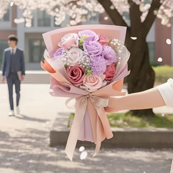 이지엘리 졸업식 입학식 안개꽃 장미 비누 꽃다발, 1개, 퍼플 핑크