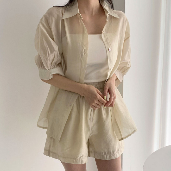 [순이] C.여성 실키 시스루 루즈핏 셔츠 세트