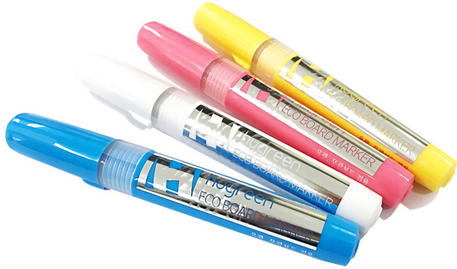 휴그린 에코 화이트 보드 마카 3색/물백묵 펜 마카 4색 휘발성 냄새 없고 잔상 없이 깔끔하게 지워지는 생잉크, 물백묵 펜 마카, 12개입