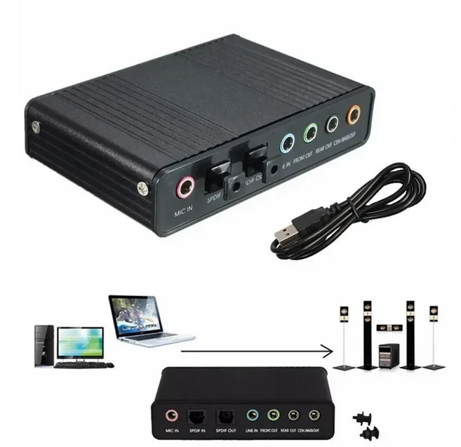 전문 외부 USB 사운드 카드 채널 5.1 광학 오디오 어댑터 PC 컴퓨터 노트북 용 드라이버, 02 검정색