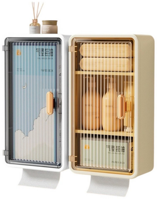 壁掛式多功能收納櫃 免打孔浴室置物架 防水紙巾盒 附隔板 典雅白, 1個, 有隔板【典雅白】