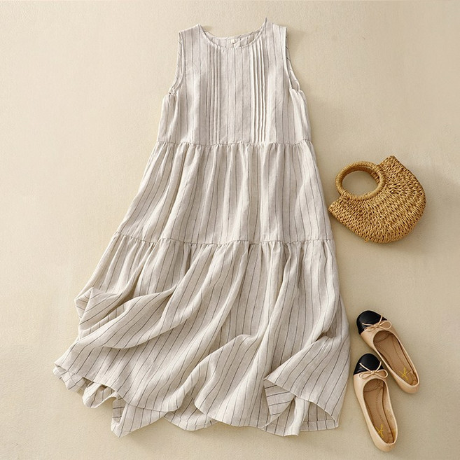 Asure 여자 민소매 린넨원피스 루즈핏 스트라이프 롱원피스 라운드넥 나시원피스