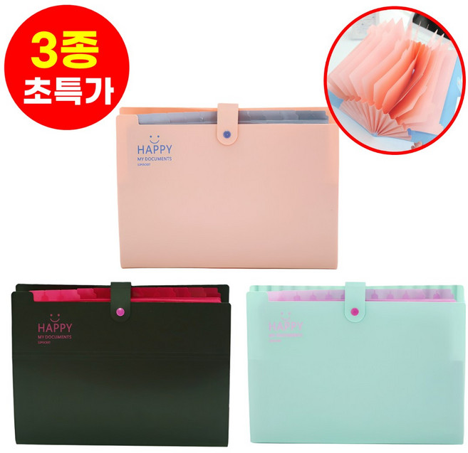 호아인터 12칸 a4 아코디언 파일 케이스, 1세트, 민트+핑크+블랙